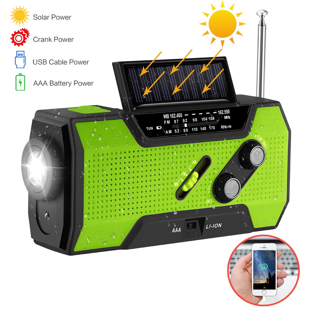 Manivela de mano Radio para Radio Meteorológica NOAA emergencia Solar manivela de mano autoalimentada batería 3AAA linterna 2000 mAh banco de energía: green