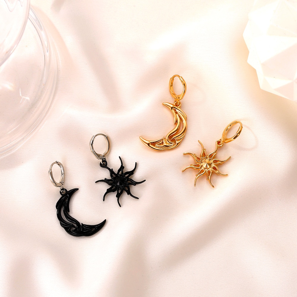 LATS-pendientes colgantes de sol y luna para mujer, aretes asimétricos abstractos de estrella, aretes huecos cortos, joyería de