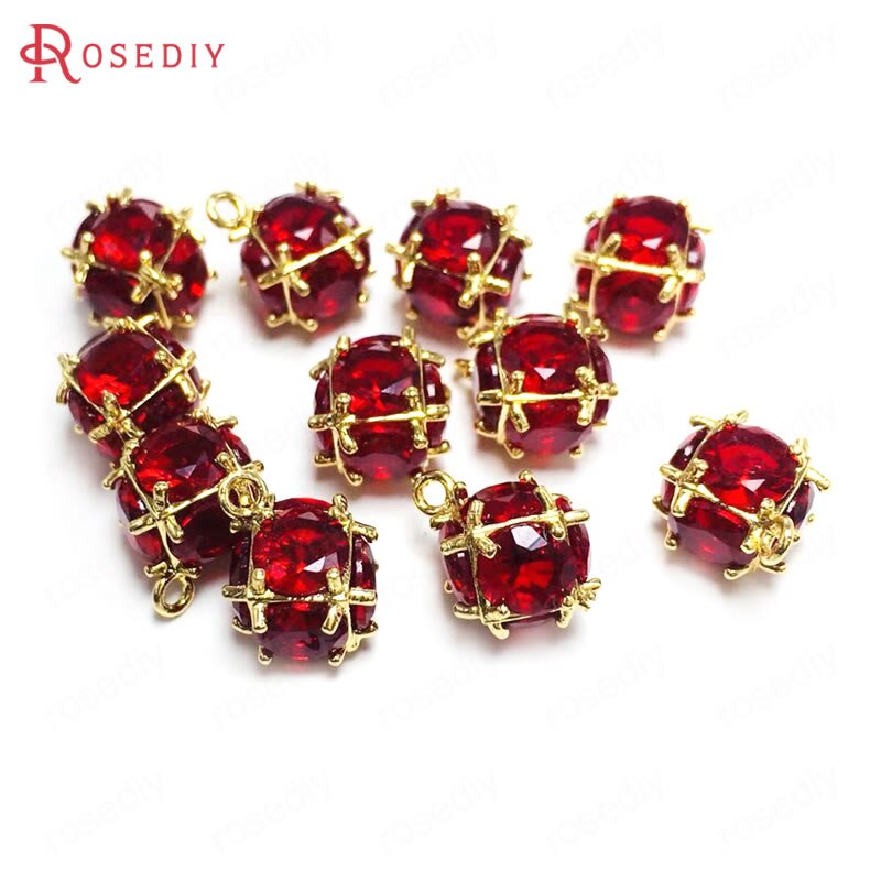 (38109)6PCS Zircon 4MM or 6MM 24K Champagne Gold Color Brass and Zircon Cube Charms Pendants Jewelry Making Supplies Accessories: Red / Cube 6-7MM