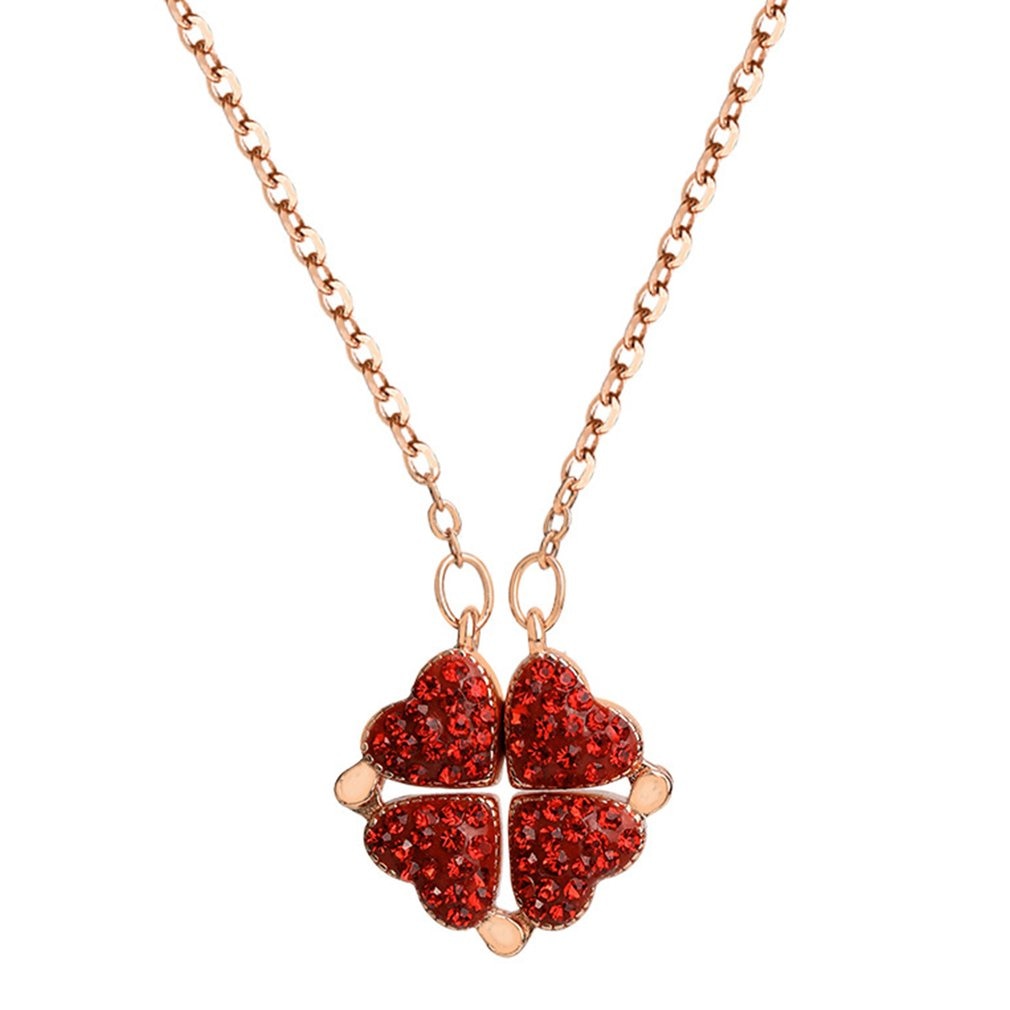 Vrouwen Meisje 925 Sterling Zilveren Mode Rood Blauw Dubbele Side Klavertje Vier Ketting Hart Liefde Folding Ketting: red Four-leaf