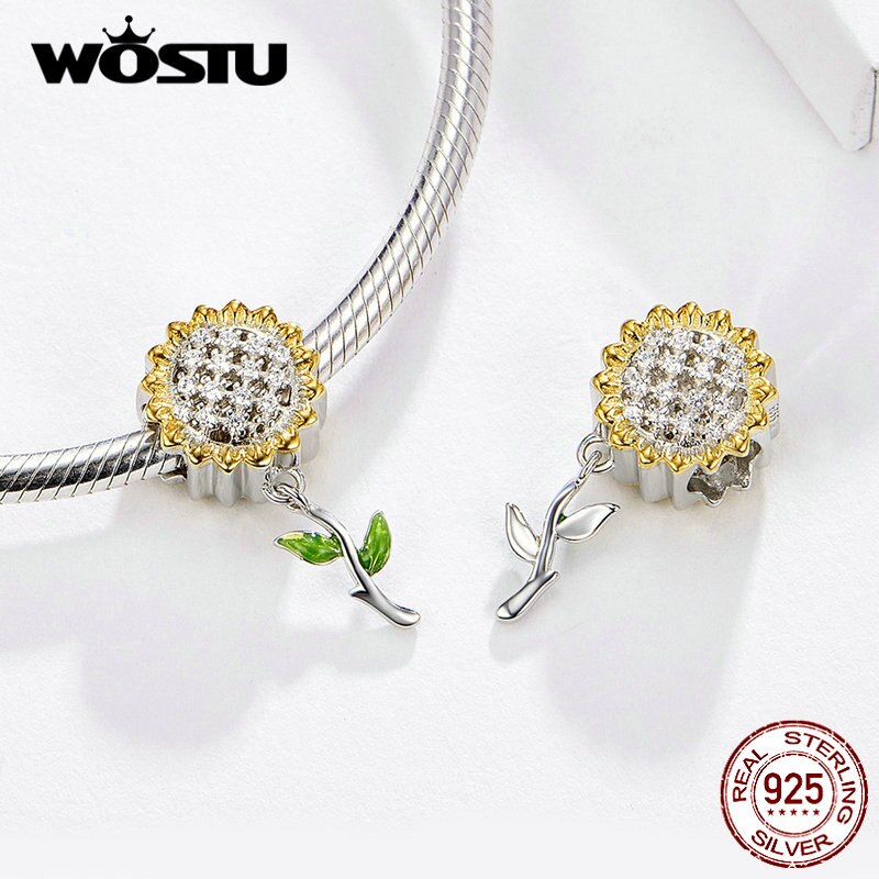 Colgante de girasol wastu de plata de ley 925, cuentas de esmalte amarillo aptas para Pulsera Original, colgantes para fabricación de joyas CQC1211