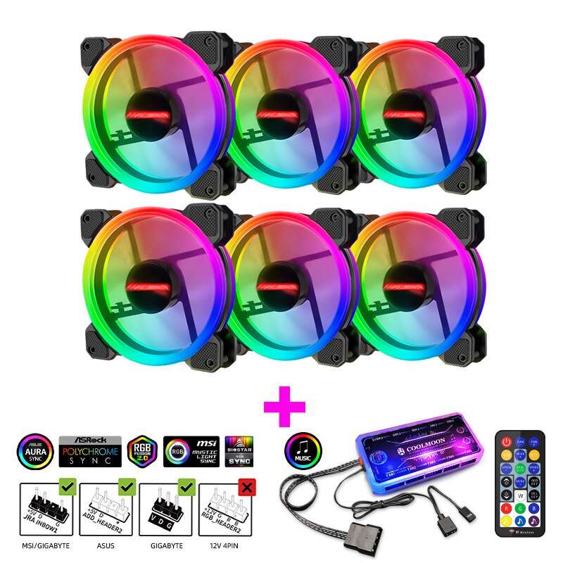 PC Desktop Computer Case Fan 120 mm Cooling Cooler Adjustable RGB Led 12V Mute Ventilador DC ARGB Fans Adjust Speed Aura Sync: 6IN1 music
