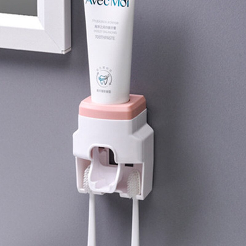 Automatic Toothpaste Dispenser Wall Mount Dust-proof Plastic Couple Toothbrush Holder Wall Mount Storage Rack Bathroom Products: pink