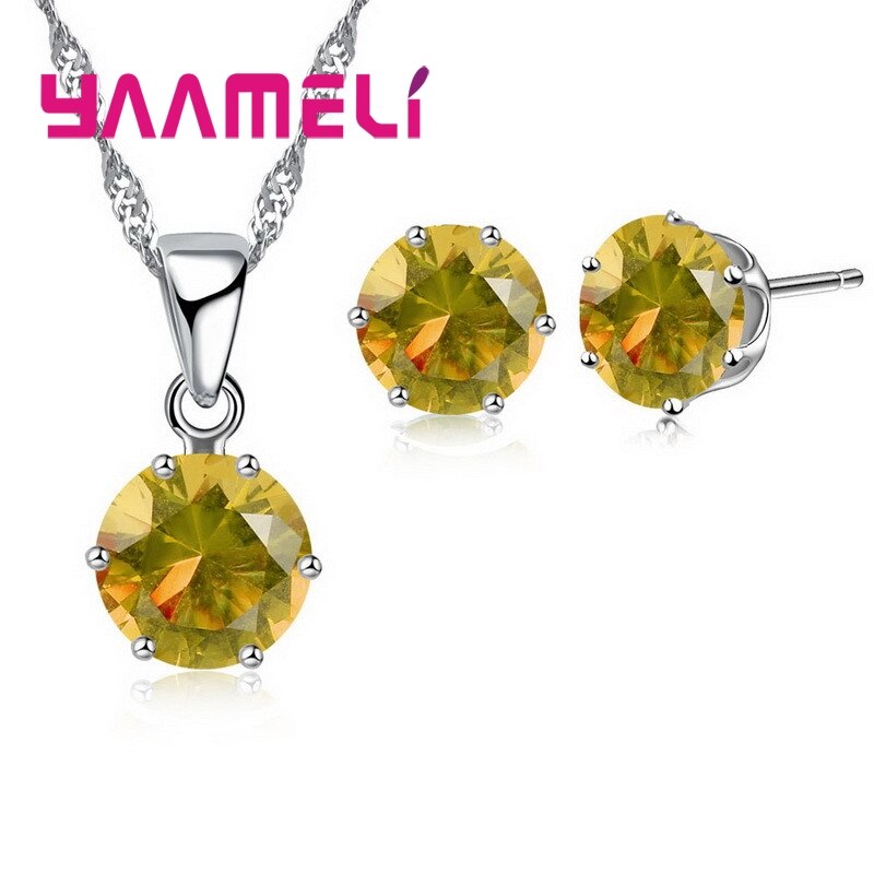 925 Sterling Zilveren Bruids Bruiloft Sieraden Sets Voor Vrouwen Engagement Crystal Hanger Ketting Oorbellen Set: yellow