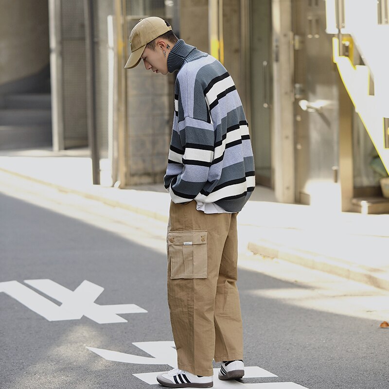 Stribet rullekrave sweater til mænd vinter varmt tøj koreanske løs trends pullover toppe vintage teenagere strik streetwear