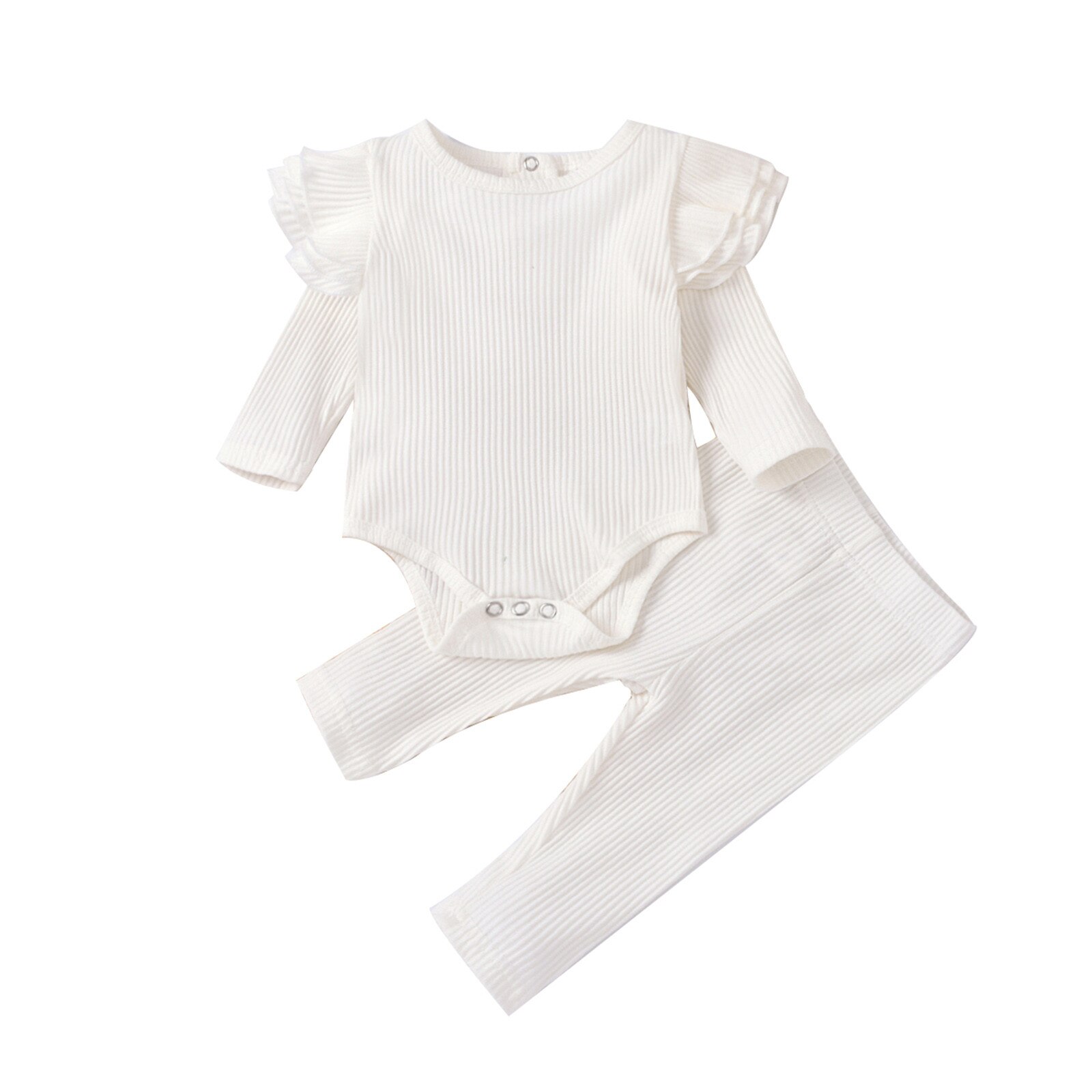 -né solide à volants ensemble de vêtements bébé garçons filles solide tricoté barboteuse hauts + pantalons ensembles tenues infantile enfants doux vêtements costume: WHITE / 6M