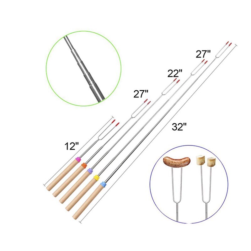 Palillos para asar, utensilios para nubes o asado tenedores extensibles de 32 pulgadas para barbacoa en la fogata, Juego de 4