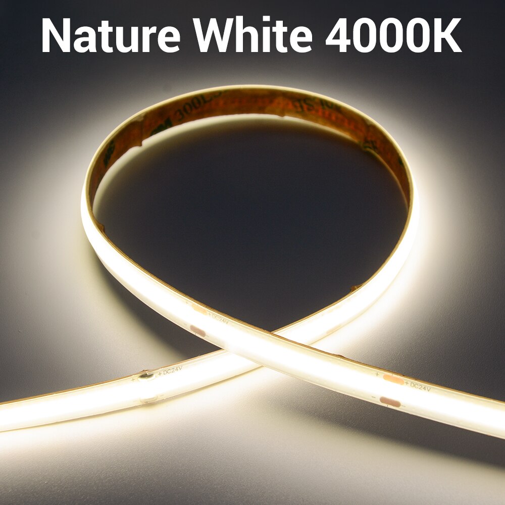 Tira de luces LED COB para exteriores, cinta Flexible de alta densidad, resistente al agua IP65, 12V/24V, 5 m/rollo, 8mm, 480 LED, para cocina y armario: 4000k / 24v