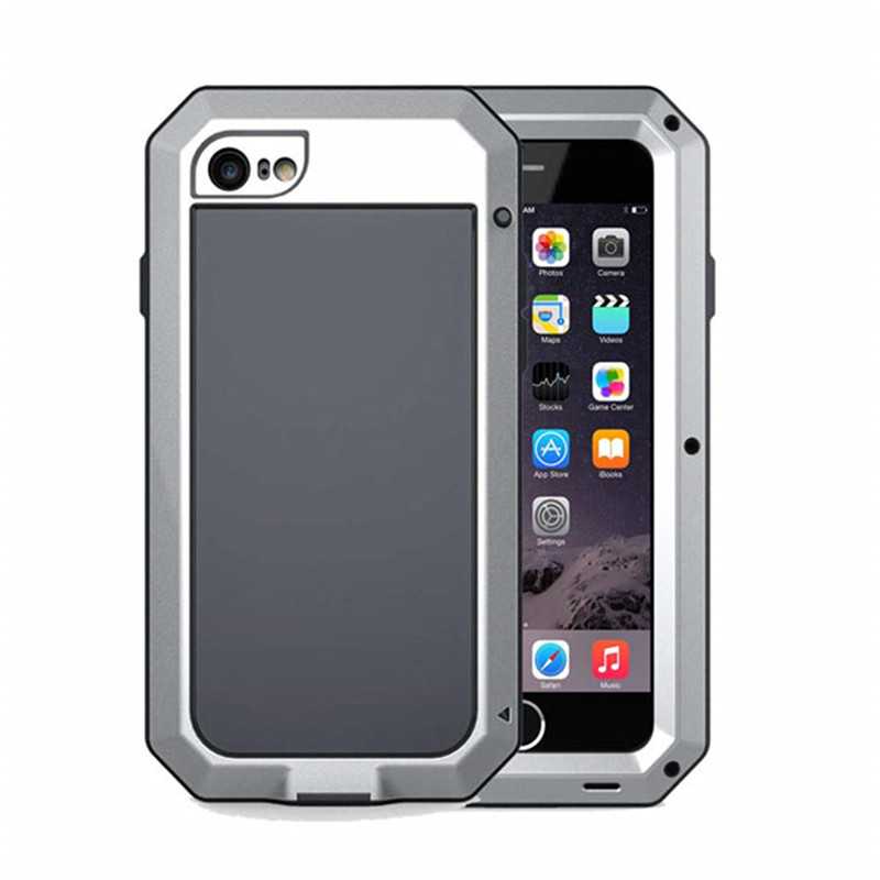 Lyxigt stötsäkert doom armor vattentätt metallfodral till iphone x xr xs max 8 7 6 6s plus 5 5s se 5c skal med skärm och glasfilm: Mikrofiber / Silver-