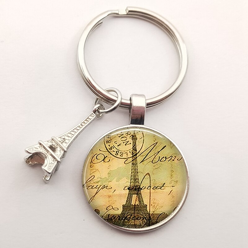 Romantic Paris Eiffel Tower Key Chains Art Lady Wander Drawing Glass Pendant Cute Keychain Keyring Women Bag Jewelry: Silver-48
