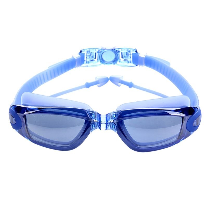 Professionele Zwembril Zwemmen Bril Met Oordopjes Neusklem Galvaniseren Groot Frame Waterdicht Anti-Fog Siliconen: Blauw