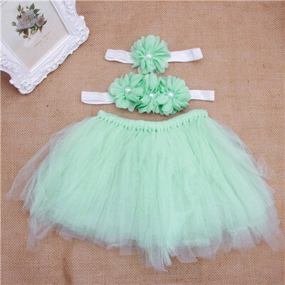 Baby toddler pige blomster tøj + hårbånd + tutu nederdel foto prop kostume outfits 3 stk nederdel: Grøn