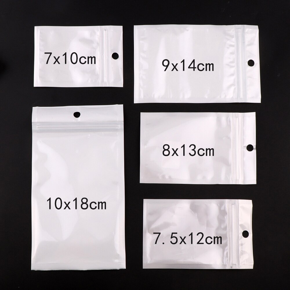 5 størrelse hvit/klar selvforseglet glidelås plast detaljemballasje pakke poly bag ziplock zip lock oppbevaringspose pakke med hengehull