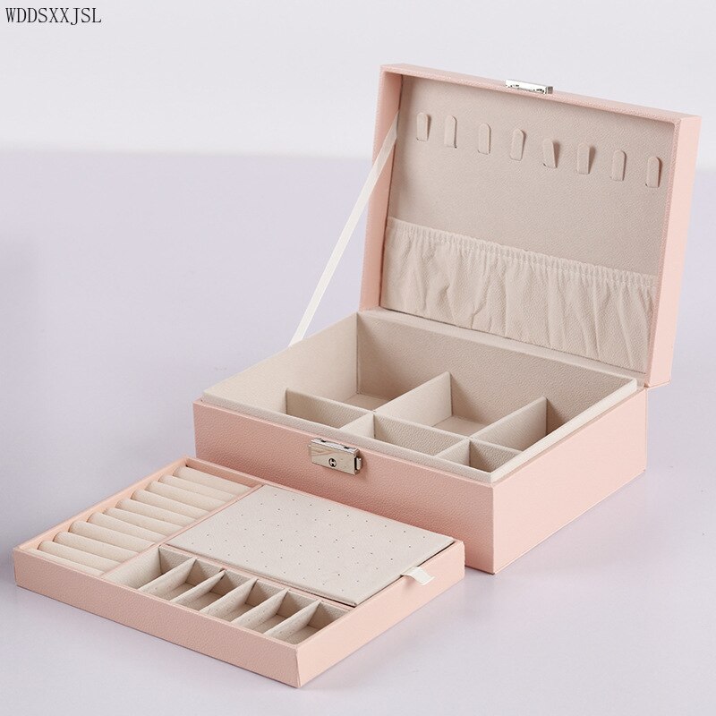 Pink Leather Double layer Ring Earrings Necklace Box Watch Box Multifunctional Storage Display Packaging Box Home Decoration
