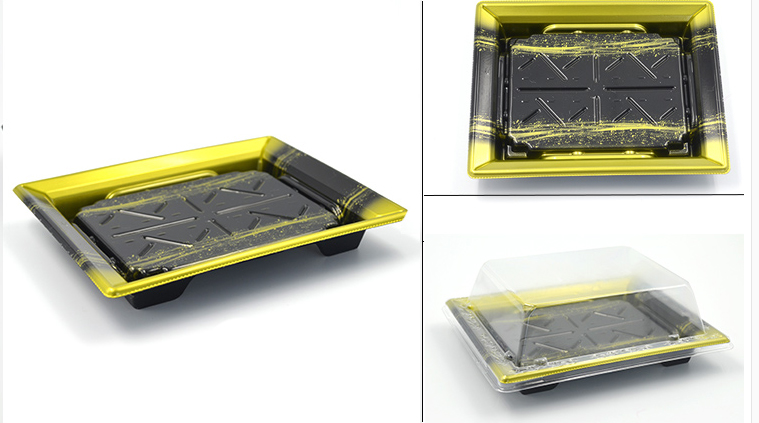 Einweg Sushi Container Kunststoff Tablett mit Deckel Sushi Box Verpackung Nehmen Out Box Container.: Black gold