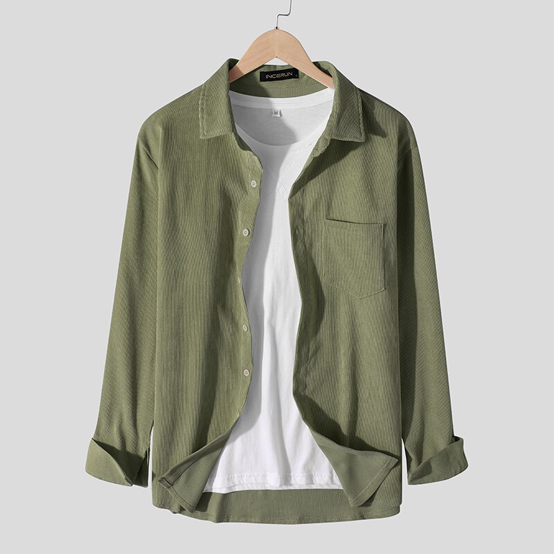 Efterår herre fløjlsskjorte ensfarvet langærmet revers mærke streetwear bluse chic camisa masculina incerun s -3xl: Militærgrøn / Xxl