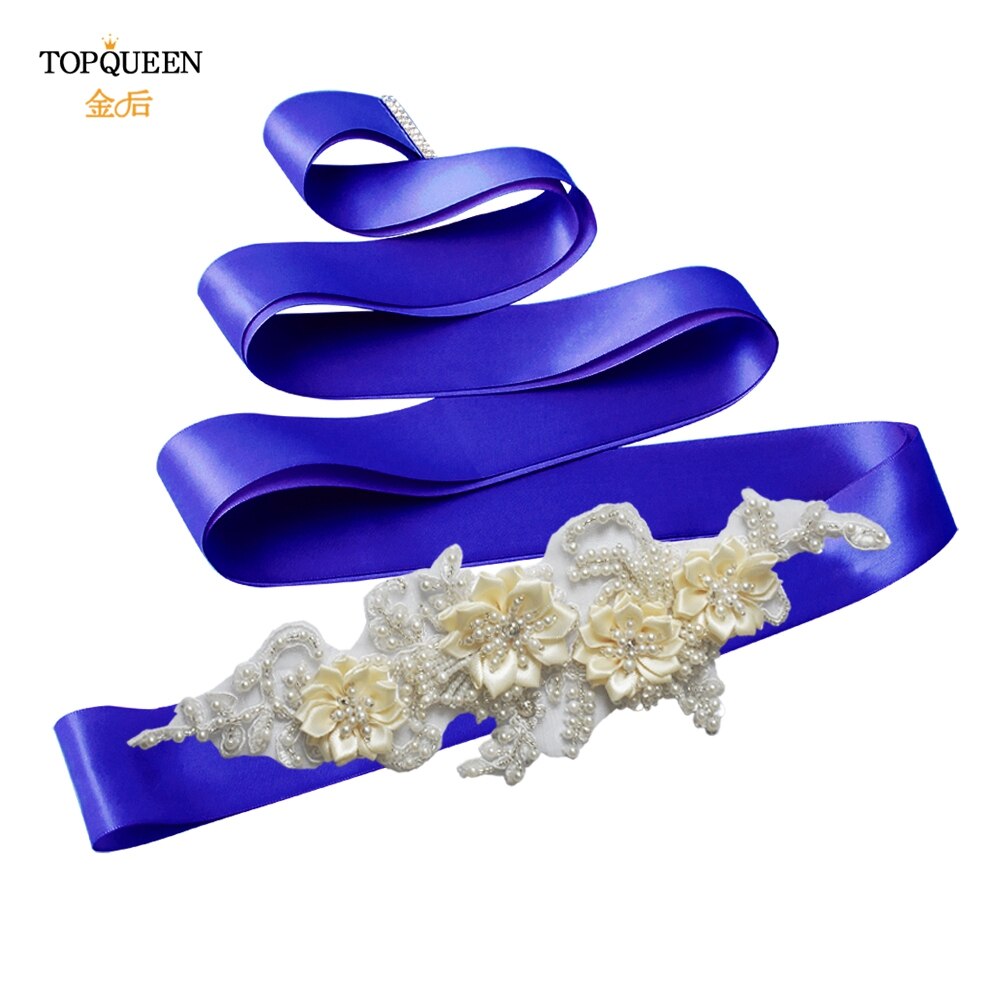 TOPQUEEN-cinturones de abalorios hechos a mano para novias, cinturón embellecedor de noche, cinturones de lujo, accesorios para vestidos de boda, S346: royal blue. ribbon