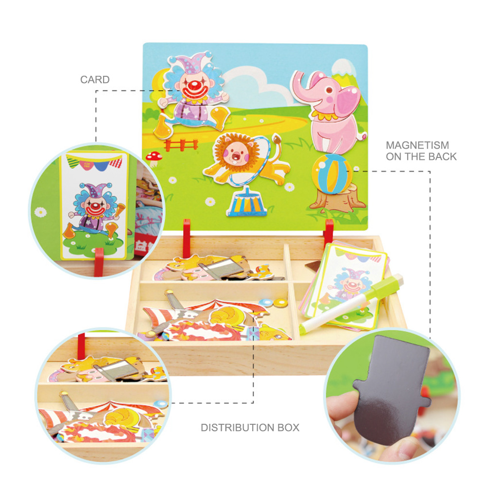 Wooden Toys Magnetic 3D Puzzle for Kids Children Puzzle Toy Wooden Educational Toys Figure/Animals /Circus with Drawing Board