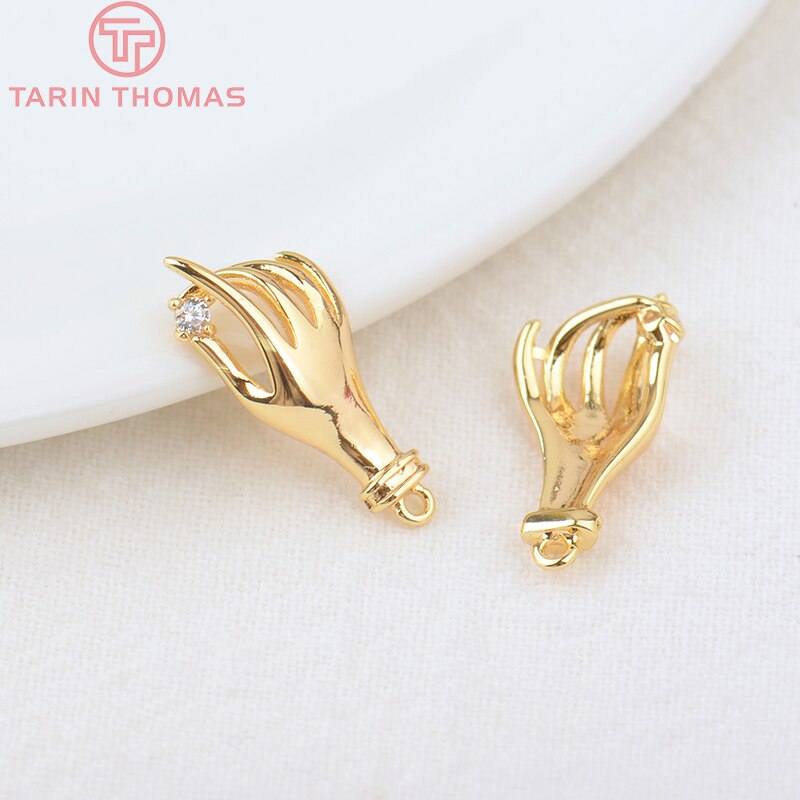 (1218)4PCS 6PCS 26x11MM Hole 4MM 24K Gold Color Brass with Zircon Hand Pendants Charms Jewelry Findings Accessories