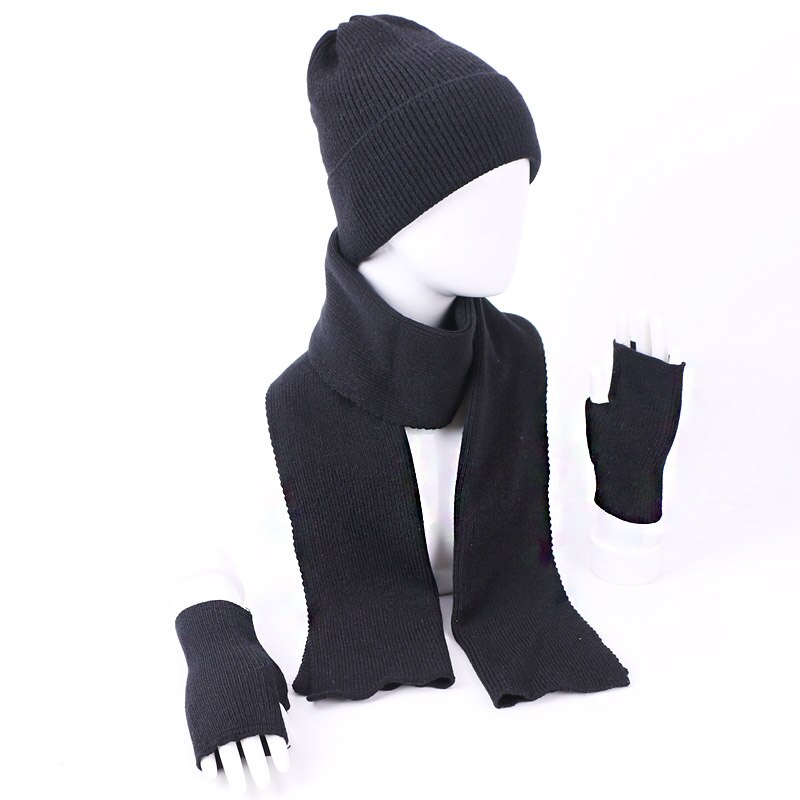 Kvinner vinter kanin hairr hansker skjerf lue tredelt sett kvinnelig strikk utendørs varm hatt caps skullies beanies sett: En