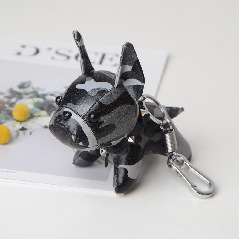 French Bulldog Keychain PU Leather Animal Dog Keyring Holder Bag Charm Trinket Chaveiros Bag Accessories Punk Style Pendant: black white leopard