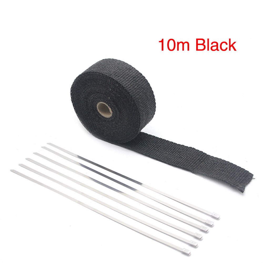 Uitlaat warmtewrap, uitlaat wrap 25mm*5/10/15M Titanium uitlaat warmte wrap roll voor motorfiets glasvezel hitteschild tape met roestvrijstalen banden (kleur: 10 m zwart