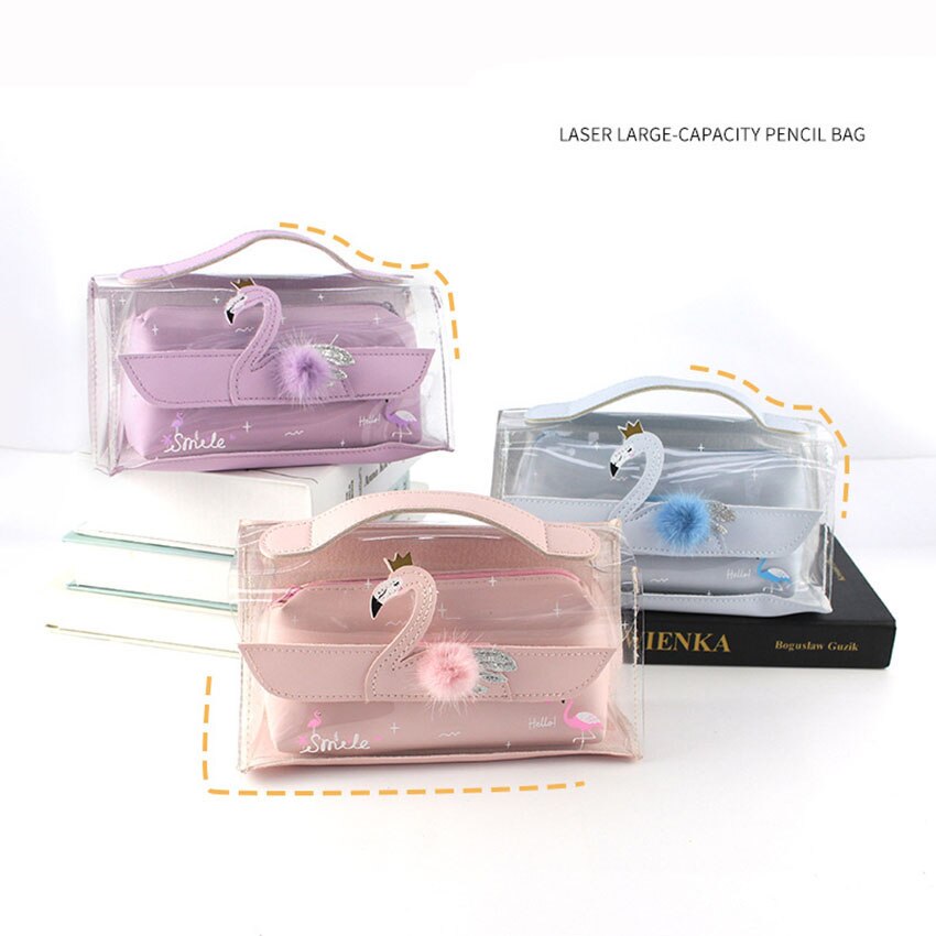 Transparante Meisje Etui Pvc Grote Capaciteit Potlood Tas Met Handvat Make-Up Case Pen Houder Box Potlood Pouch Briefpapier