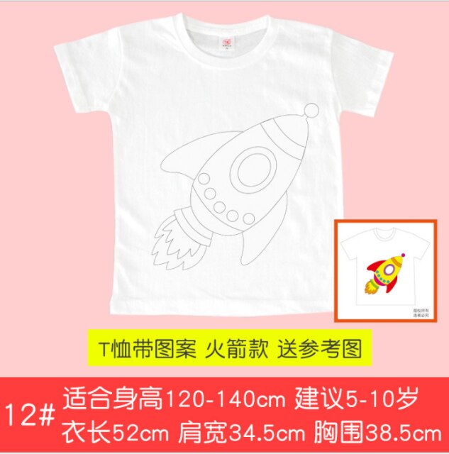 Camiseta de manga corta de algodón blanco para niños, pintura de grafiti, tie-dye, pintada a mano, guardería: rocket