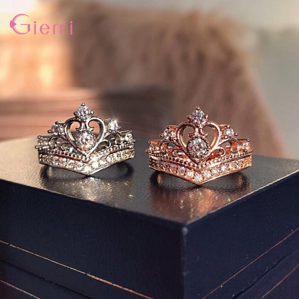 Original 925 Sterling Silver Luxury Princess Crown CZ Crystal Finger Ring For Women Girl Bridal Wedding Statement Jewelry