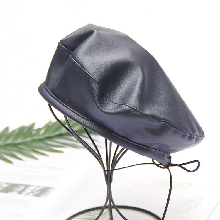Women Autumn Ainter Pu Leather Solid Berets Hat Female Girls Outdoor Travel Leather Beret Vintage French Hat Baret: navy blue