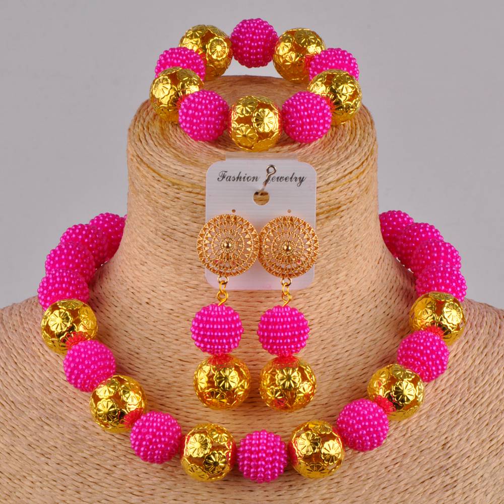 Classic Champagne Imitation Pearl Necklace Nigeria Wedding Jewelry African Bride Woman Wedding Jewelry Set AZ-74: Hot pink