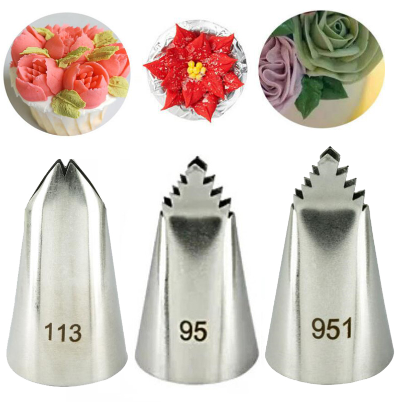 Douilles de glaçage en acier inoxydable, feuilles 95 #/951 #/113 #, ensemble de pointes de pâtisserie, outils de cuisson pour Fondant et Cupcake, 3 pièces