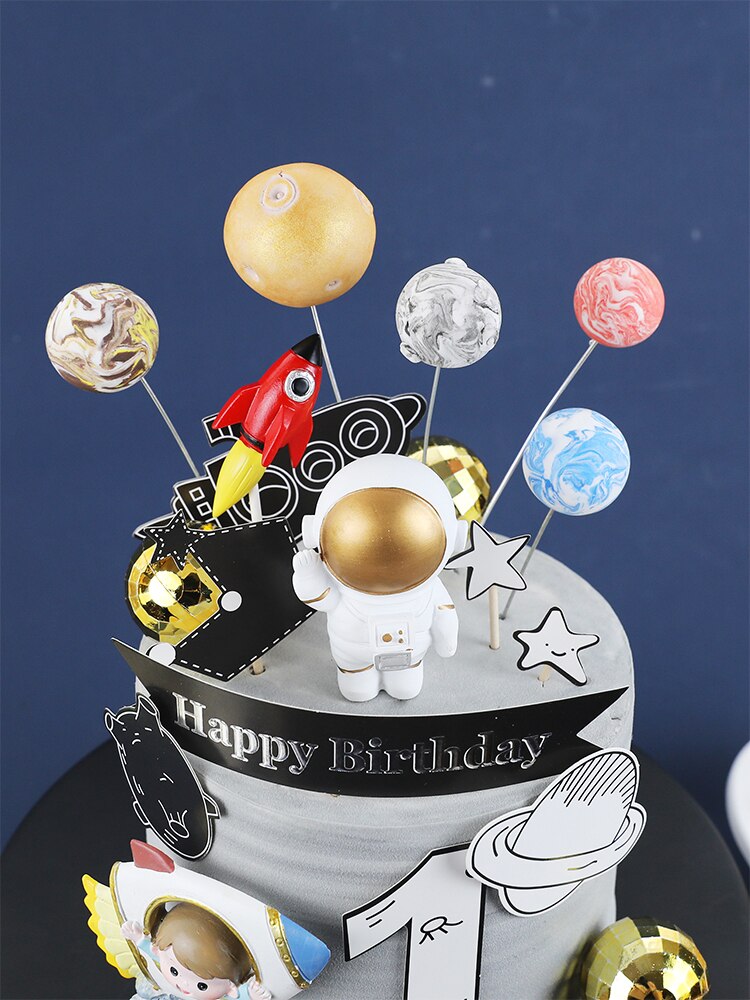 Universe Stars Rocket Astronaut Maan Gelukkige Verjaardag Brief Decoratie Cake Topper Dessert Voor Kinderen Dag Mooie