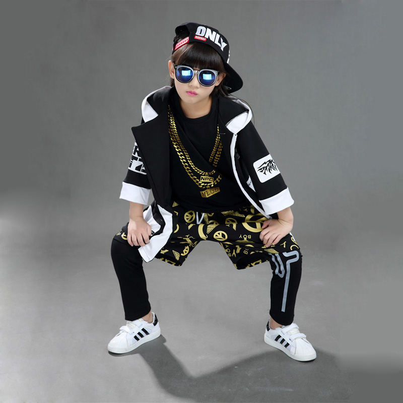 Children Boy Girl Sleeveless Black Gold Hip Hop Hiphop Ds Jazz Dance Costumes Ballroom Clothes Outfit