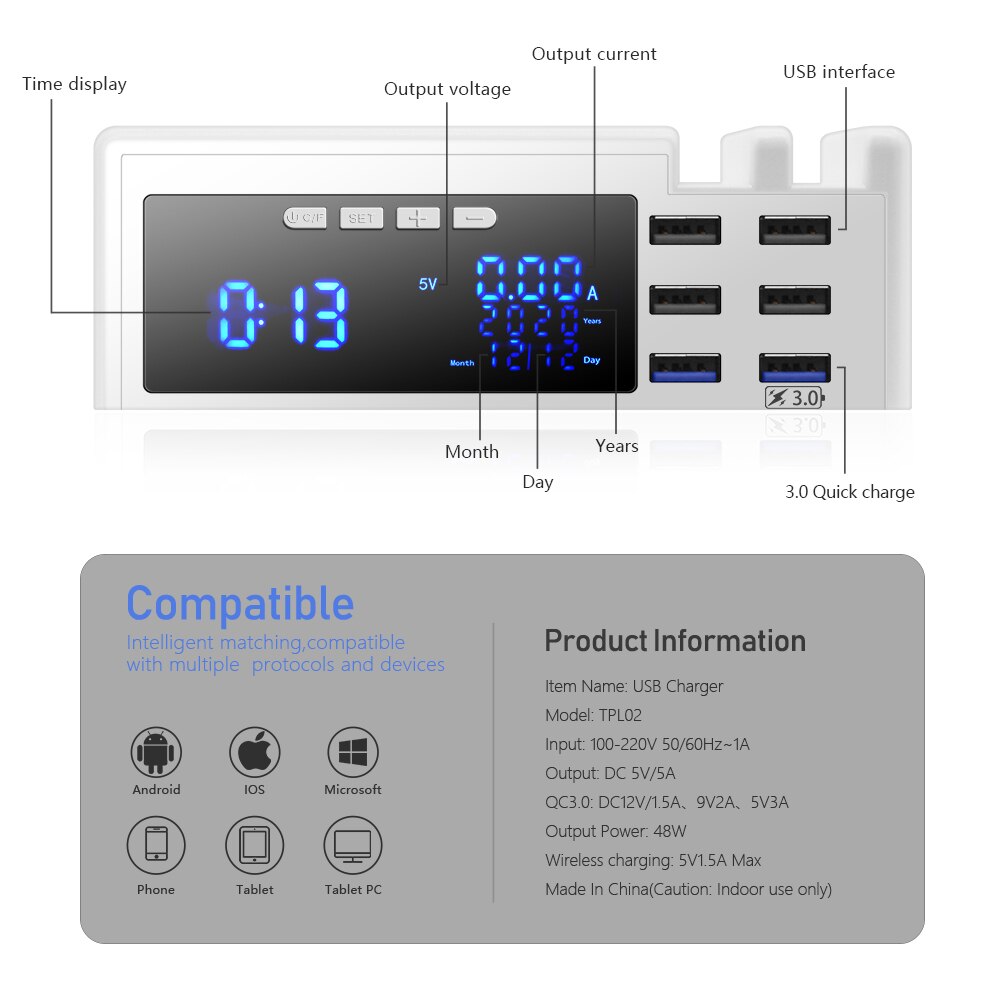 Cargador USB QC3.0 de 6 puertos con pantalla LCD, estación de carga inalámbrica, adaptador de carga rápida para iPhone, Xiaomi y Huawei