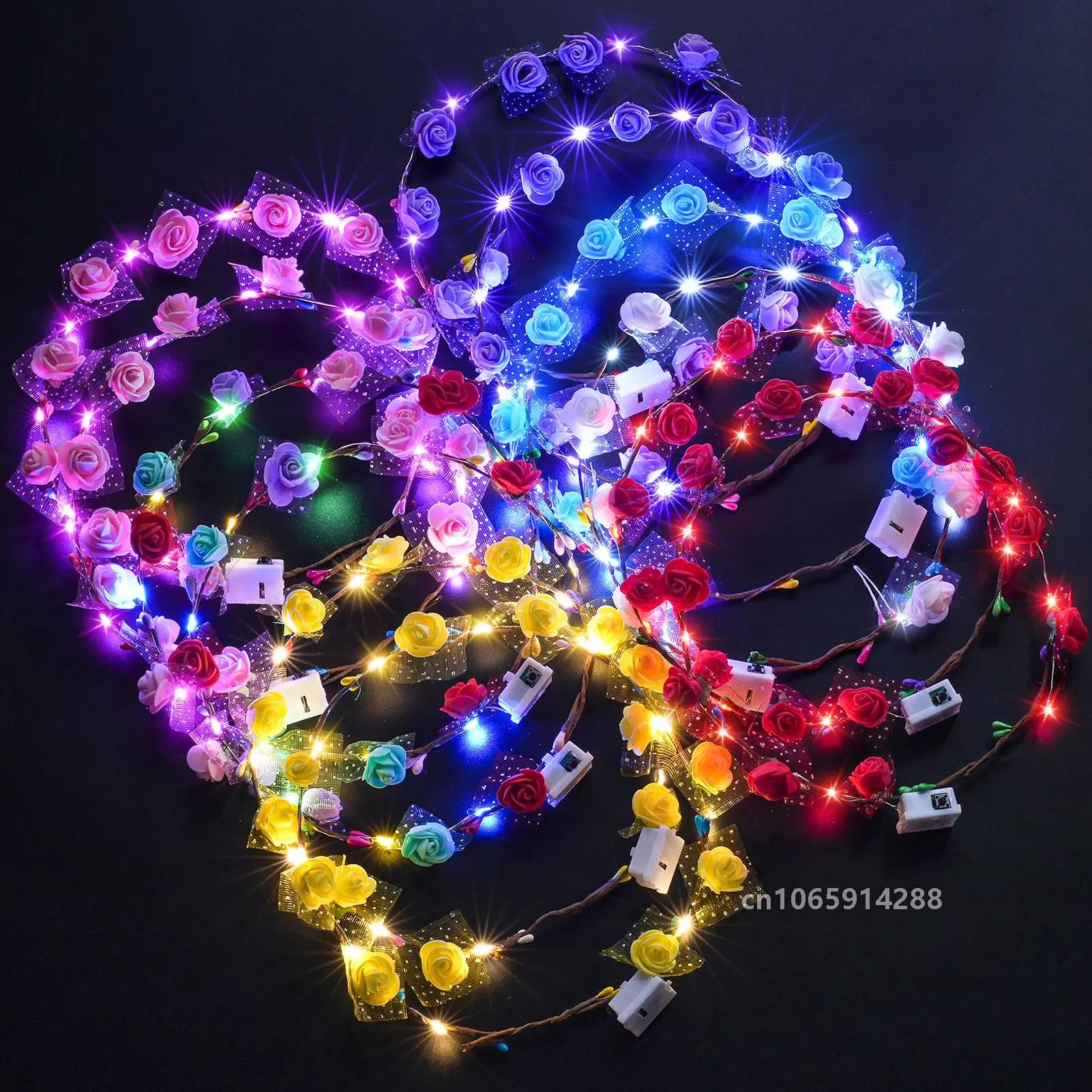 12Pcs LED Flower Crown Adjustable Flower Glow Color Nights Wreath Headband Garlands Birthday Party Wedding Baby Shower Decor: Default Title
