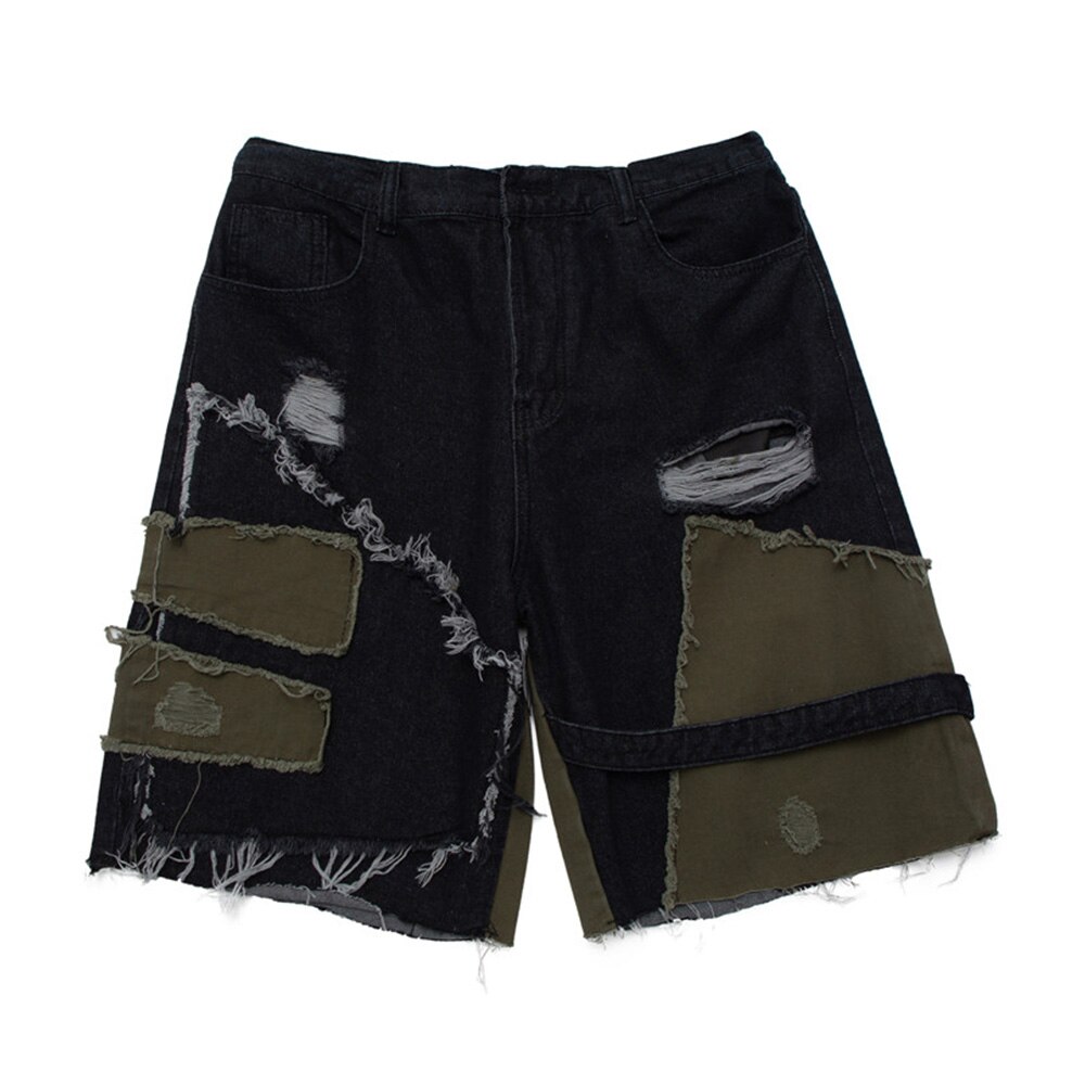 Pantalones cortos vaqueros rasgados de retazos para hombre, Shorts hasta la rodilla con cintura elástica, ropa de calle, pantalones sueltos con paneles de contraste: Negro / XL
