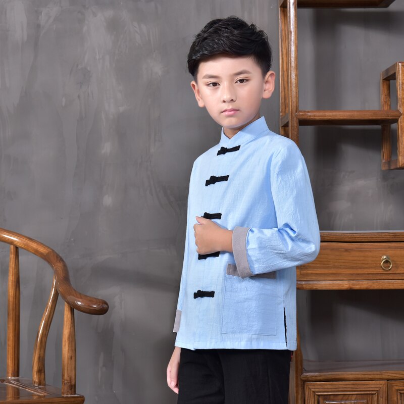 Ropa tradicional china tang, ropa de kungfu para niños, ropa tradicional de hanfu para niños, disfraz de minoría nacional, camisa de tai chi 89: Azul claro / Xxxl