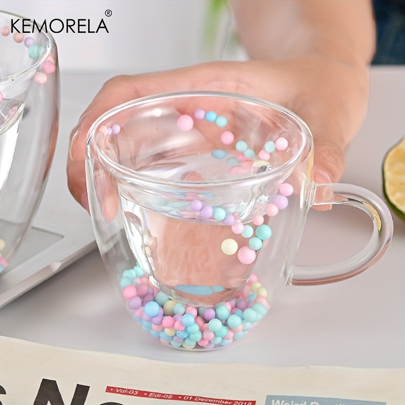 KEMORELA 1PCS Dubbelwandige Helder Glazen Koffiemok met Handvat Liefde Vorm Gekleurde Ballen voor Espresso Helder glazen Beker