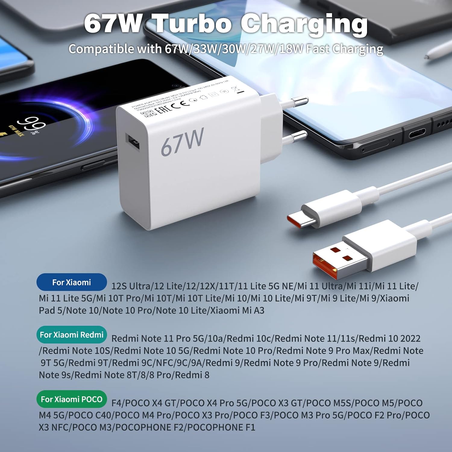Cargador USB ultrarrápido de 67W para Xiaomi 10 11 12 13 14 Redmi Note 11 12 13 14 POCO X4 X5 X6 X7 Pro 6A tipo C Cable de carga Turbo