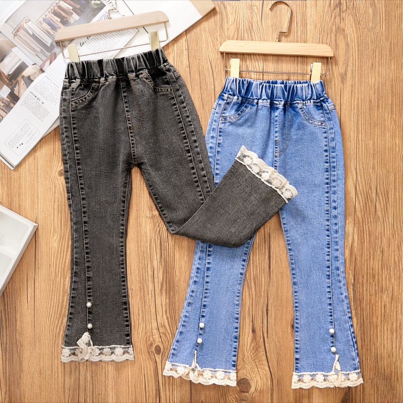 Jeans pour filles printemps et automne décontracté 3-12 ans pantalons évasés amples pour enfants dentelle perle pantalons en Denim pour filles
