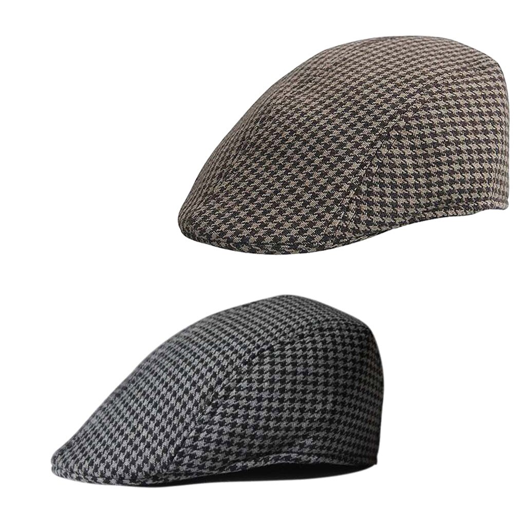 2 Pieces Cotton Kids Beret Cap Houndstooth Newsboy Hat Flap Cabbie Hat Brown + Black