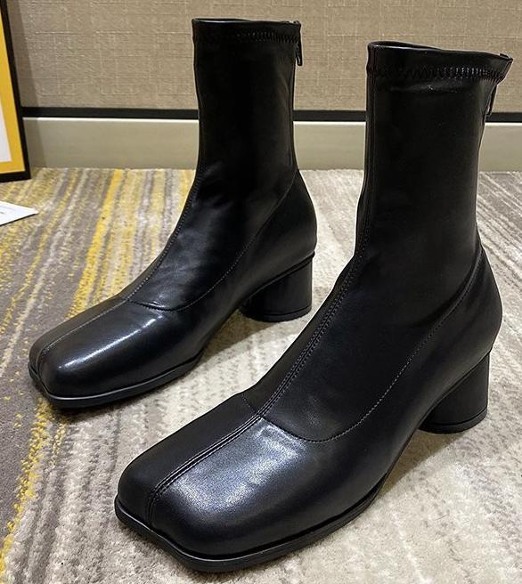 Buty damskie buty wysokie obcasy modne botki blokowe obcasy lakierowane skórzane buty damskie Zip kwadratowe buty z palcami kwadratowy obcas: Black / 38