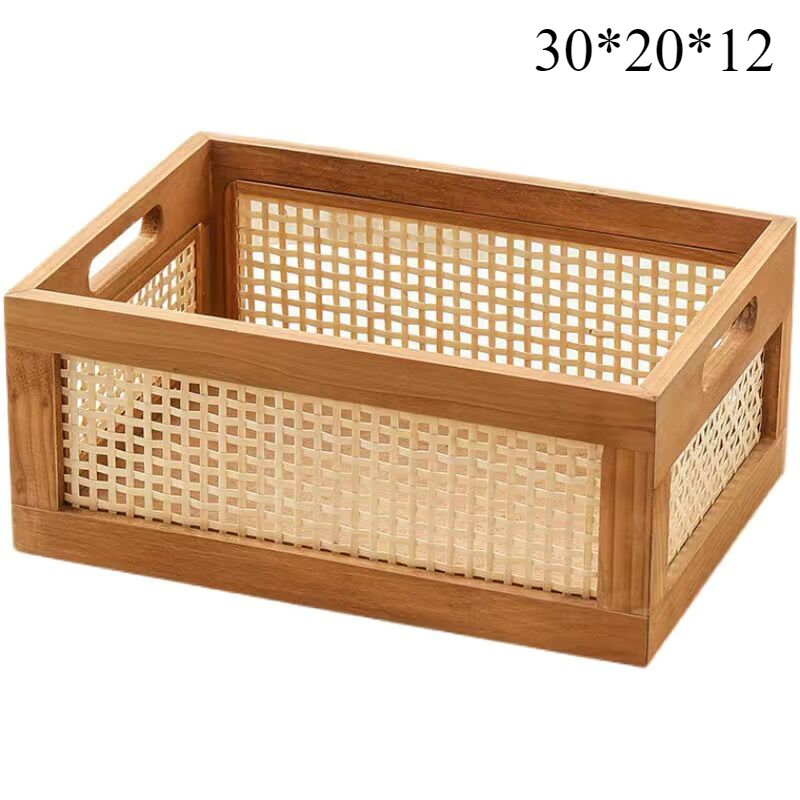 Retro Opbevaringskasse i Massivt Træ - Rattan Kurv til Bøger, Snacks, Kosmetik - Organizer til Hjem, Badeværelse, Køkken: Sort