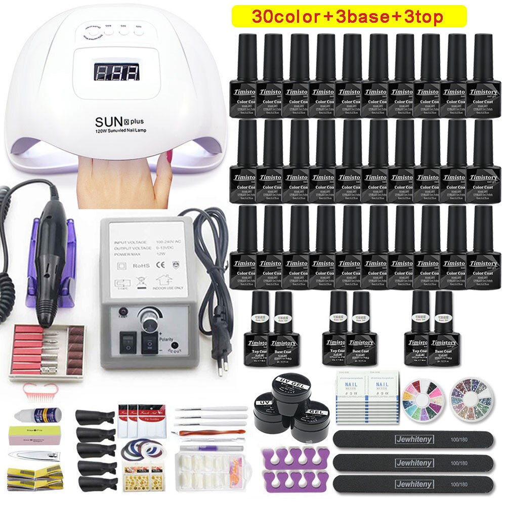 Super Maniküre Set 120W/54W Led Nagel Lampe 20000RPM Nagel bohrer Maschine Mit 50 Farbe UV gel Nagellack Acryl Kit Nail art Set: 120W-30-2000