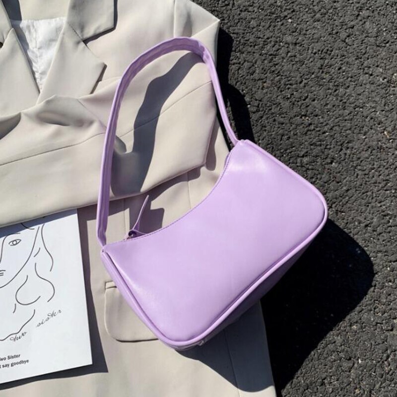 Bløde pu læder baguette tasker til kvinder retro ensfarvede damer baguette håndtasker piger små skuldertasker: Lavendel
