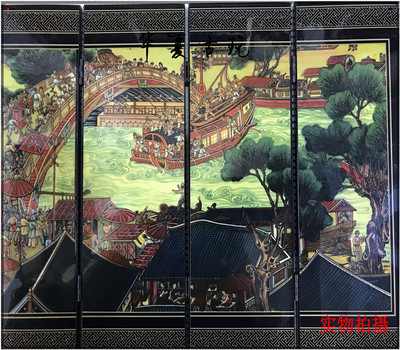 Exquisite antique lacquerware small screen decoration Riverside picture in Qingming Dynasty