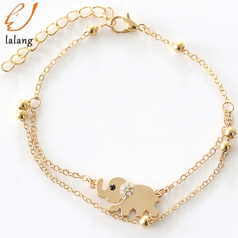 The Baby Elephant Mascot Double Foot Chain Elephant Bangle Jewelry for Women Anklet Rose Gold Trendy Zinc Alloy Metal HJUEY