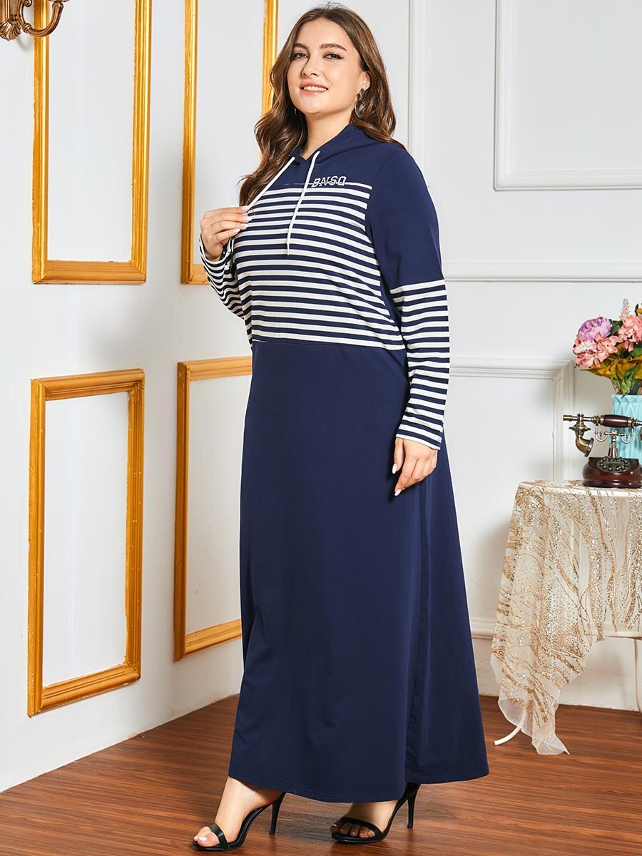Robe longue à capuche pour femme, manches longues, rayures, imprimé contrasté, poches, ample, grande taille, style arabe, collection automne hiver