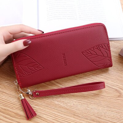Portafogli e portamonete da donna portafoglio in pelle PU polsino femminile stampa foglia borsa lunga da donna borsa grande capacità portafoglio donna: Red